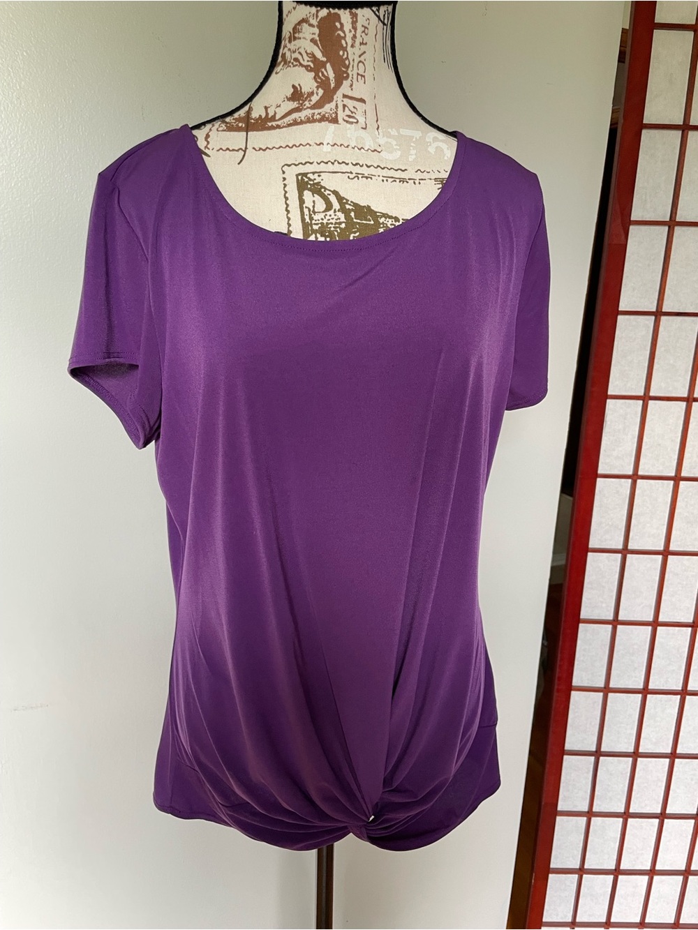 Notations Women's Purple Twist-Hem Short Sleeve Top, Size L